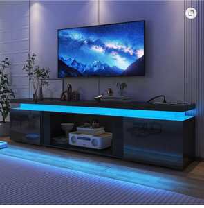lot 439 image: 83 High Gloss LED TV Stand with Fireplace Slot & Mounting Kit for75 85 90 TVs, Modern Entertainment Center with Power Outlet, Fits 40 Electric Fireplace (Fireplace NOT Included) - Retail $150