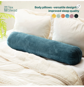 lot 440 image: TexStead Corduroy Cylindrical Bolster Cuddle Pillow, Multifunctional Long Roll Pillow, Neck & Lumbar Support Cushion for Yoga and Sleeping - Blue (8x35.4) - Retail $33