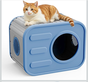 lot 447 image: Insulated Outdoor Cat House Waterproof, BlueWeatherproof Plastic Shelter for Feral & Stray Cats, Camera-Shaped Entrance, Easy Assembly No Box - Retail $40