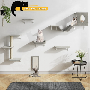 lot 450 image: Cat Wall Shelves Set Jumping Platforms Tree Nest House Hammock Scratching Board - Retail $76