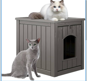 lot 451 image: Outdoor Cat House, Weatherproof PP Plastic Cat Shelter for Indoor & Outdoor Use, Durable All-Season Pet House for Feral & Stray Cats, Gray - Retail $40