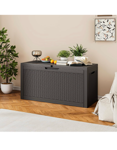 lot 453 image: 75 Gallon Outdoor Storage Box Waterproof Deck Box Patio StorageBlack Weatherproof Resin Outside Storage Box Lockable Storage Bin for Patio Cushions, Pool Supplies, Garden Tools, Packages - Retail $70