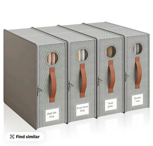 lot 454 image: 4-Pack Folding Linen Storage Boxes - Organizer Storage for Bedding Set, Clothing, Shelf-Fit Bins, Dustproof Zipper Closure, Window, Reinforced Handles, Womens Home Gift - Retail $30