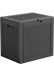 lot 472 image: Resin Deck Box - 35 Gallon Lockable Outdoor Storage, Water-Resistant IndoorOutdoor Bin for Package Delivery, Patio Cushions, Gardening Tools - Retail $45