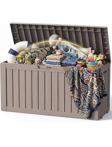 lot 474 image: 120 Gallon Waterproof Deck Box with Wheels, GreyLockable Weatherproof Resin Outdoor Patio Storage Bin for Backyard Furniture Pool Supplies Garden Tools, Quick Assembly - Retail $150