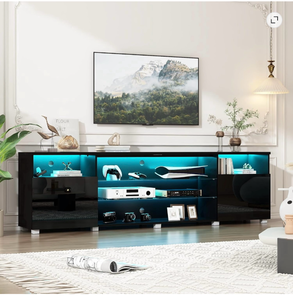 lot 477 image: Large LED TV Stand for 8590100 inch TV, High Glass Modern Entertainment Center with LED Lights and Glossy Cabinets - Retail $250