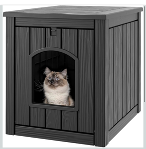 lot 497 image: Cat Litter Box Enclosure, Hidden Litter Box with Openable Front Door, Outdoor Cat House Weatherproof, Side Table, Easy to Clean and Assembly, Black - Retail $0
