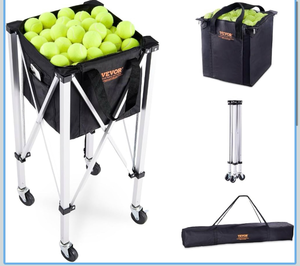 lot 502 image: VEVORFoldable Tennis Ball Hopper, Holds 150-180 Tennis Balls, Lightweight Aluminum Alloy Tennis Ball Basket Cart with Wheels for Tennis Player - Retail $70