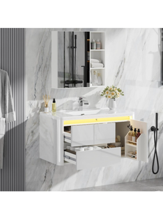 lot 503 image: Squireewo 36 Floating Bathroom Vanity with Sink, All-in-One Set with Mirror, Faucet & Drain, Modern Wall-Mounted Bathroom Cabinet with Motion Sensor LED, High Gloss Vanity Cabinet with Doors White - Retail $350