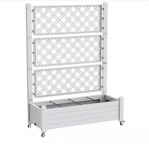 lot 504 image: Tall White Resin Outdoor Raised Garden Bed with Trellis and Drain Plug - Retail $170