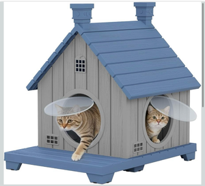 lot 555 image: Outdoor Cat House Weatherproof, Durable Resin Cat Houses for Outdoor Indoor Cats, Outdoor Cat Enclosure Shelter with Elevated Base, Cat Bed with Anti-Slip Pad, Ventilation, Blue - Retail $65