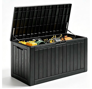 lot 557 image: 85 Gallon Large Outdoor Storage Deck Box Waterproof, GreyResin Patio Storage Bench Lockable for Garden Tools, Cushion, Outside Porch Chest - Retail $95