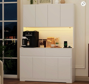 lot 561 image: 71��iTall Coffee Bar Cabinet with LED Light & Power Charging Station,47 W Modern Kitchen Pantry Hutch w 8-Door Storage Cabinet & 2Drawers 4 Adjustable Shelves - Retail $250
