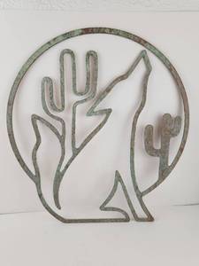 Vintage Southwestern Howling Coyote and Cactus Metal Wall Art