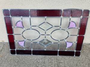 lot 89 image: Stained Glass Window Panel Burgundy Pink Cream Geometric Design&nbsp