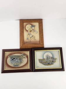 lot 94 image: Framed Southwestern Wall Art 3-Piece Set with Kokopelli and Saguaro Designs Artist Signed