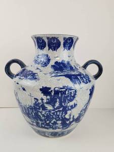 lot 100 image: Vintage Blue and White Crackle Vase with Double Handles