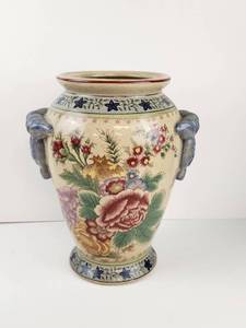 lot 101 image: Ceramic Crackle Vase with Floral Decoration and Blue Handles