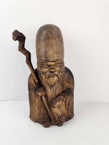lot 105 image: Vintage Hand-Carved Wooden Buddha with Staff Approximately 9 inches