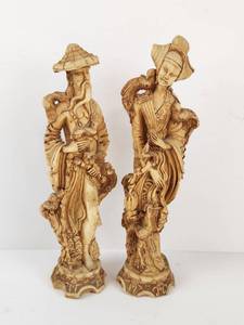 lot 106 image: Vintage Pair of Carved Figurative Statues with Ornate Details and Decorative Bases