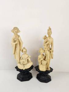lot 107 image: Vintage Pair of Chinese Carved Figurine Sculptures with Black Bases