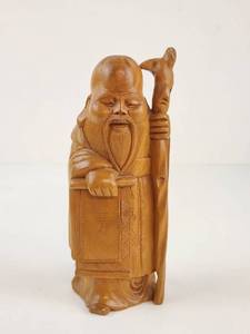 lot 109 image: Hand-Carved Wooden Figure Asian Man with Staff and Halo