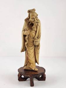 lot 110 image: Vintage Hand Carved Figurine Bearded Sage on Wood Stand