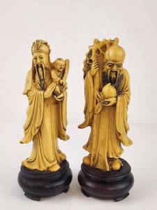 lot 112 image: Vintage Carved CHinese Robed Figure Statuettes on Round Bases Set of 2 approx 7 in Tall