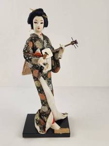 lot 127 image: Japanese Geisha Doll Figure with Shamisen on Black Base