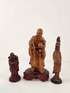 lot 141 image: 3 Carved Wooden Figurines Set Asian Statues Wood
