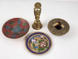 lot 143 image: Vintage Asian Brass Decorative Items Lot Cloisonne Dishes, Brass Bell, Coin Charm