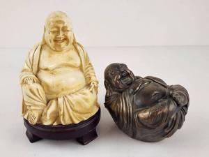 lot 147 image: 2 Carved Buddha Figurines Lot - Cream and Dark Finish