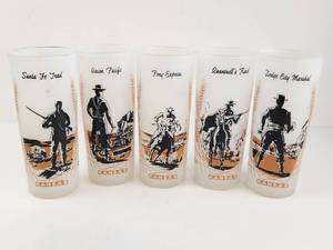 lot 158 image: Vintage Kansas Railroad Themed Drinking Glasses Set of 5 Santa Fe Trail Union Pacific Pony Express
