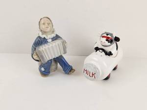 lot 175 image: 2 Porcelain Figurines Accordion Player and Cow SaltPepper Shaker
