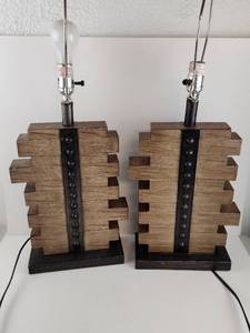 lot 190 image: Pair of Table Lamps with Wood Block Base and Metal Standard