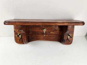 lot 191 image: Vintage Wood Wall-Mounted Shelf with Brass Hooks