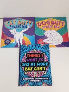 lot 214 image: 3-Book Lot Adult Coloring Books Cat Butt Dog Butt Work Humor