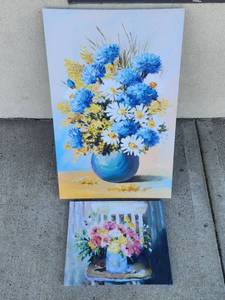 lot 215 image: Floral Bouquet Canvas Prints 2-Piece Lot Blue Vase Yellow Flowers