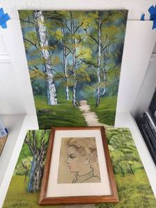 lot 219 image: Lot of 3 Vintage Art Pieces Landscape Painting and Framed Sketch&nbsp
