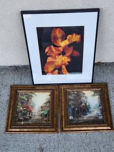 lot 221 image: Lot of 3 Framed Prints Iris Flower and European Street Scenes