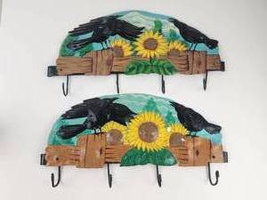 lot 230 image: Lot of 2 Painted Metal Wall Hooks with Sunflower Bird Design