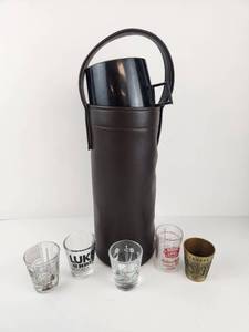 lot 247 image: Black Insulated Beverage Carrier with Stainless Steel Thermos and 5 Shot Glasses