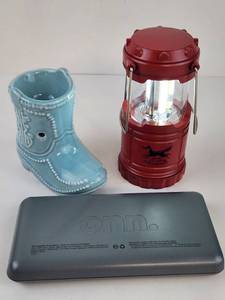 lot 269 image: Lot of 3 Items Onn Power Bank, Red Collapsible Lantern, Blue Boot Planter