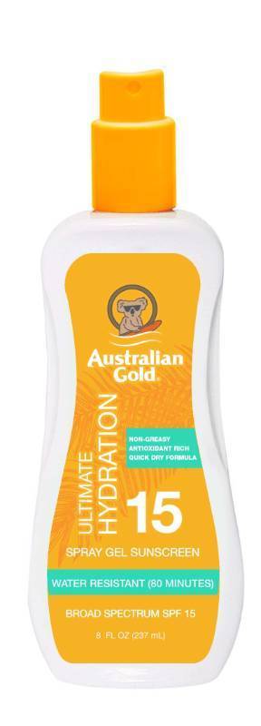 lot 59662 image: Australian Gold Spray Gel Sunscreen, Hydrate Skin, Broad Spectrum, Water Resistant, Non-Greasy, Oxybenzone Free, Cruelty Free, SPF 15, Moisturize-Max New Coconut, 8 Fl Oz  - Retail $21