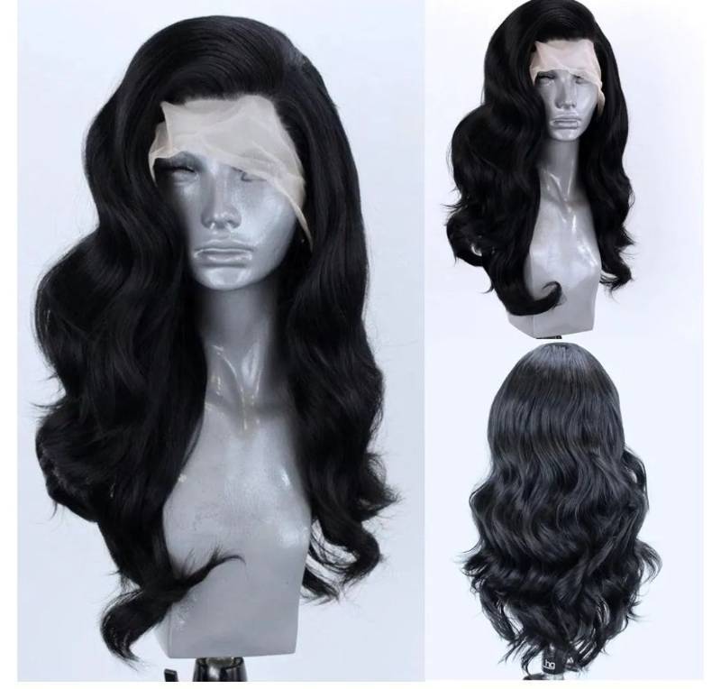 lot 29539 image: Black Long Wavy Hair Synthetic Lace Front Wigs Glueless Natural Hairline Heat Resistant Fiber Hair Free Part Lace Wigs for Women Cosplay Daily Wig - Retail $36