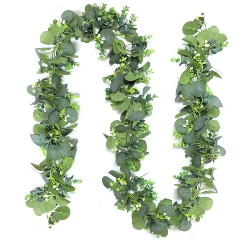 lot 29545 image: Artificial Eucalyptus Garland, 5.9FT Greenery Garland Vines Decoration, Faux Silver Dollar Eucalyptus Leaves for Table Home Wedding Mantle Party Indoor Decor - Retail $13