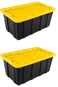 lot 59839 image: Sterilite Industrial Storage Tote with Lids for Garage, 38 Gallon, 2-Pack - Retail $60