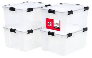 lot 59847 image: IRIS USA WeatherPro Storage Bins with Lids, 63 Qt, Clear, 4 Pack, Heavy-duty gasket seal protects food, clothing, camping gear, tools, emergency supplies, and keepsakes from moisture. - Retail $119