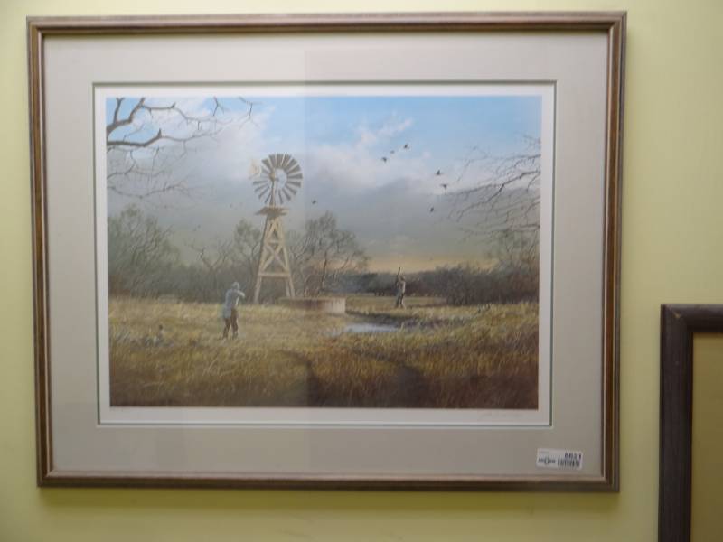 lot 8621 image: Framed print outdoor scene- Signed & numbered by Artist John Dearman Titled  Windmill Shootout