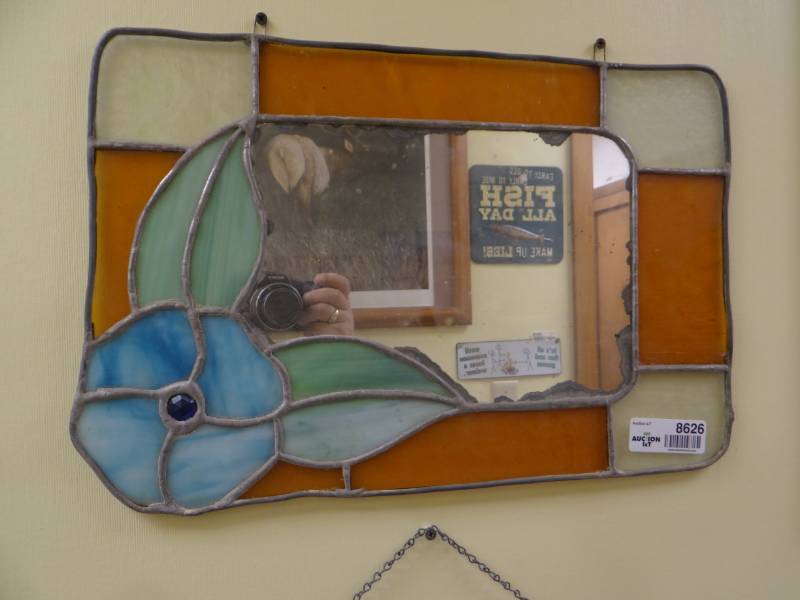 lot 8626 image: Stained glass wall mirror- 19 x 12